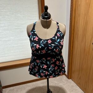 Lands' End Black and Pink Floral Tankini Top
